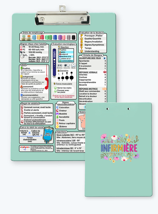Presse-papiers bleu avec fiche informative "Floral Inf."