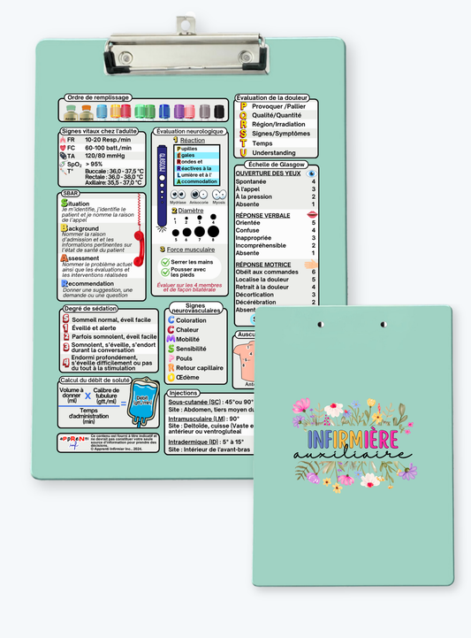 Presse-papiers bleu avec fiche informative "Floral Inf. Aux."
